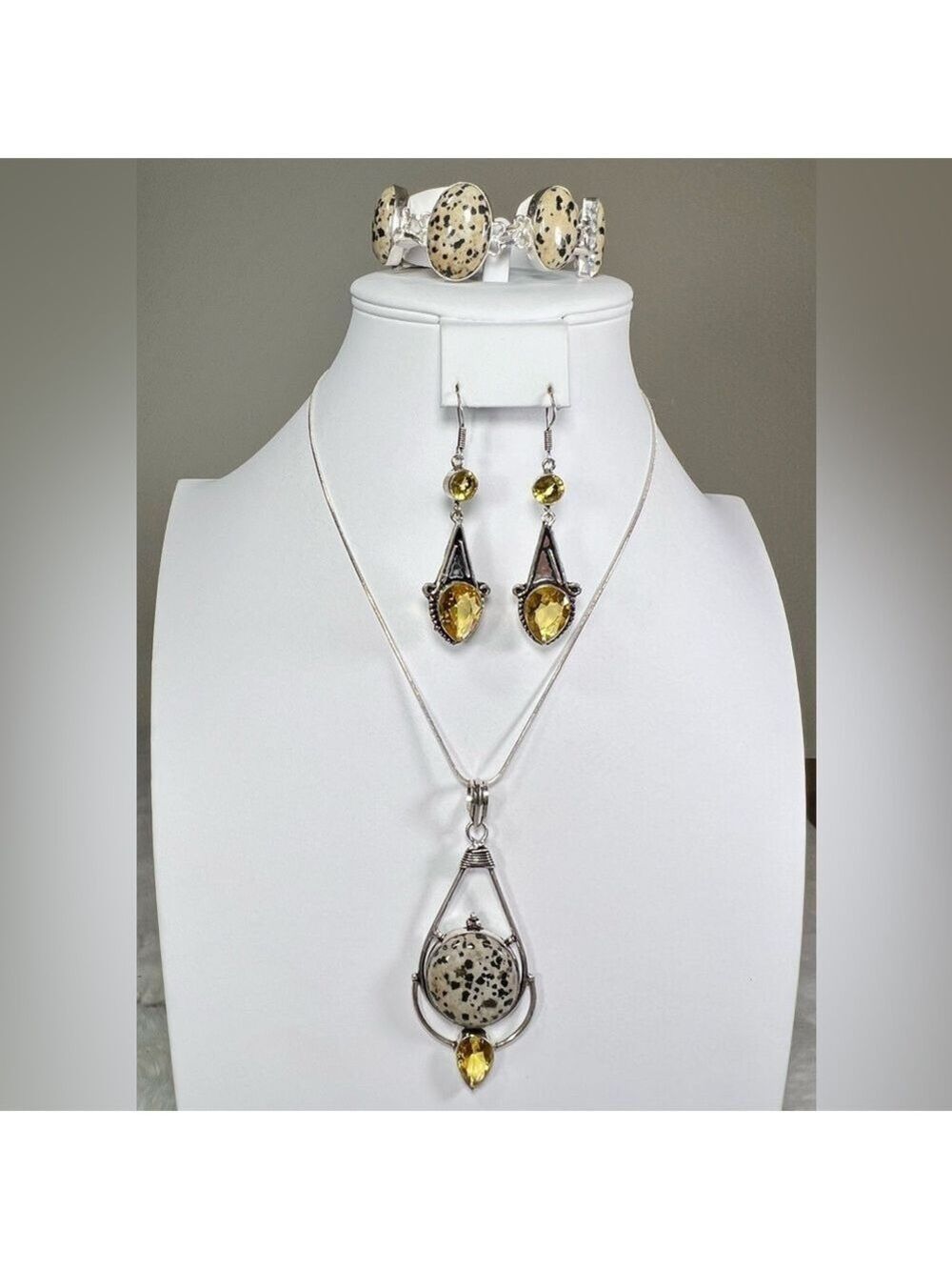 Dalmatian Jasper & Synthetic Citrine 925 Gemstone Pendant Bracelet Earrings